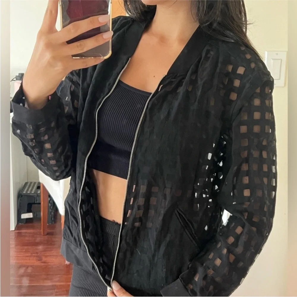 RARE! NWOT Zara Sheer Checkered Bomber Jacket / Cardigan - sz S, Black